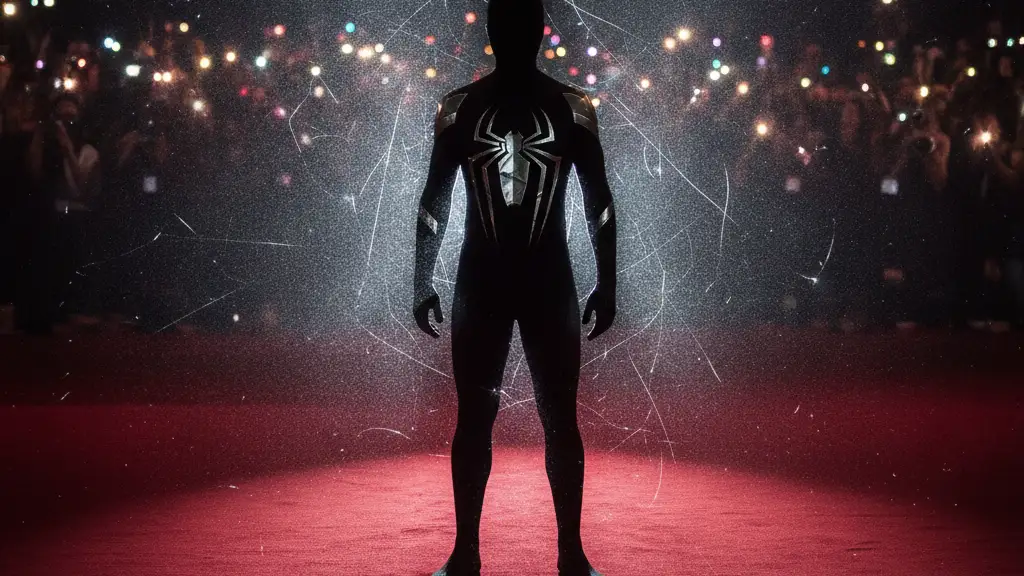 Silhouette of a figure with a spider emblem on a red carpet amidst camera flashes.