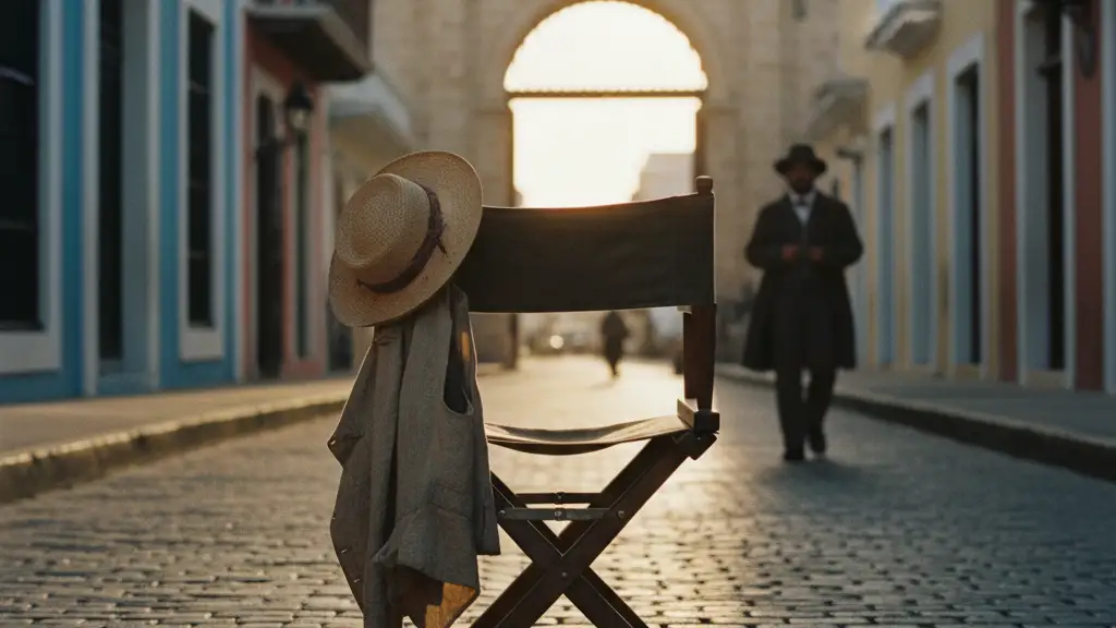 A vintage director's chair and historical clothing on a colonial Puerto Rican street.