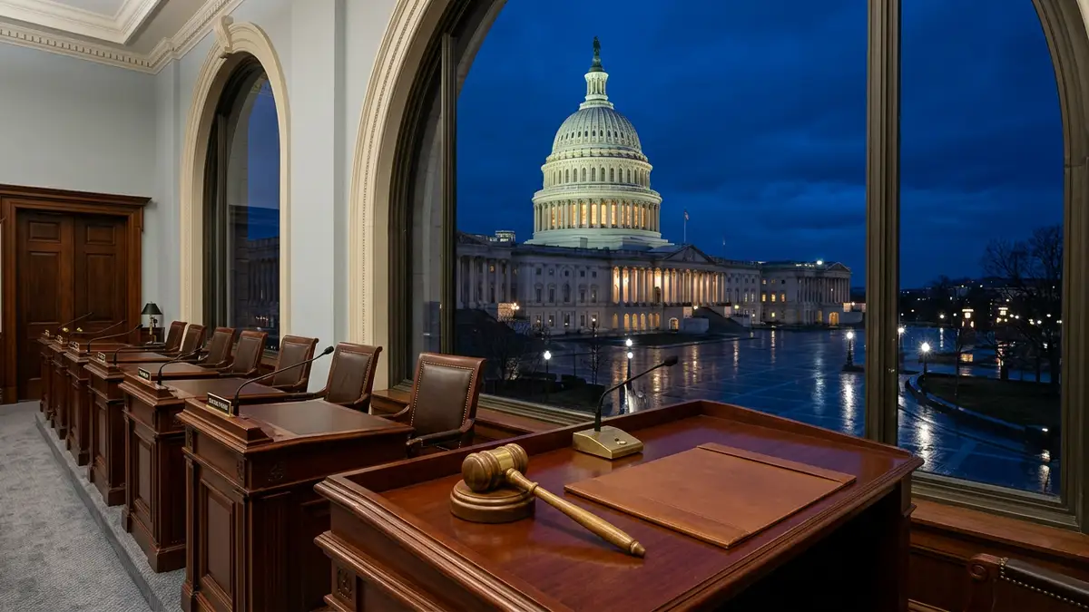 The illuminated U.S. Capitol dome at night behind a legislative gavel on a desk.