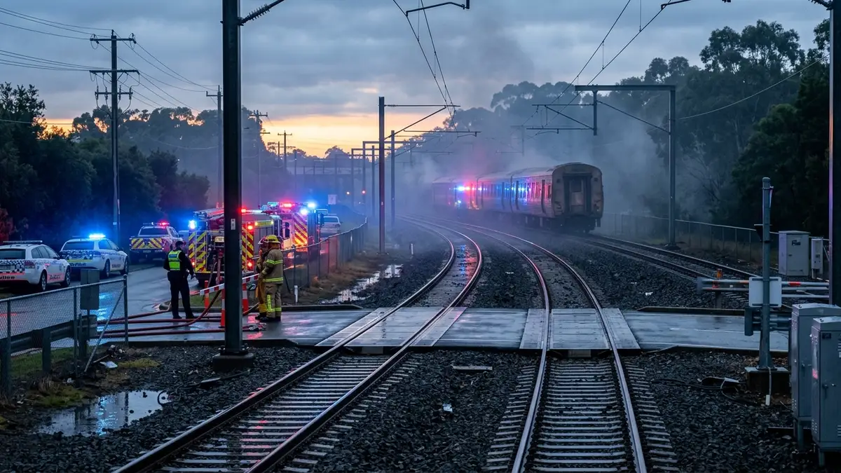 Emergency lights reflect on wet train tracks with distant smoke, early morning.