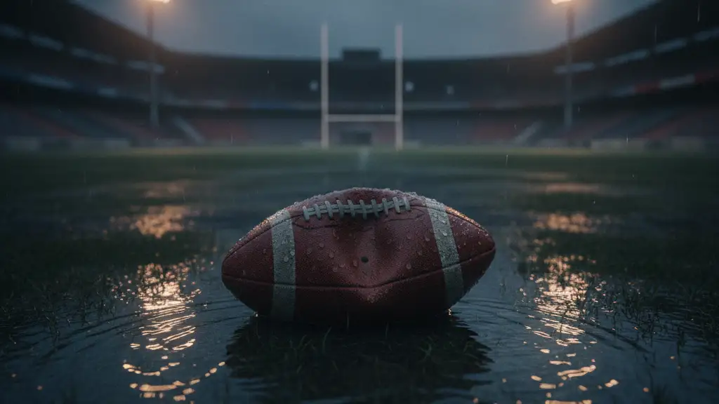 A deflated football on a wet, empty stadium pitch at dusk.
