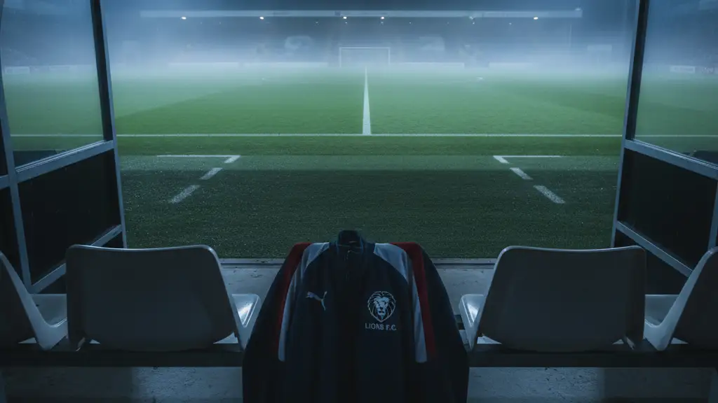 An empty football dugout at night with a discarded jacket on a seat.