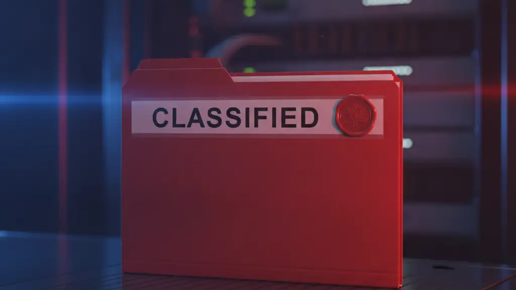 A red 'CLASSIFIED' file folder on a server rack with emergency light reflections.