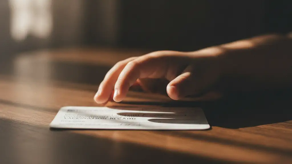 Child's hand reaching for a blurred vaccination record card on a wooden table.