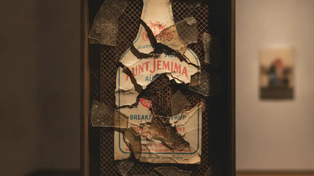 Abstract close-up of a deconstructed 'Aunt Jemima' label in an art piece.