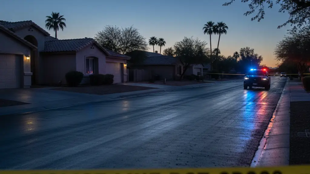 Yellow police tape and blurred emergency vehicle lights at a residential crime scene at night.