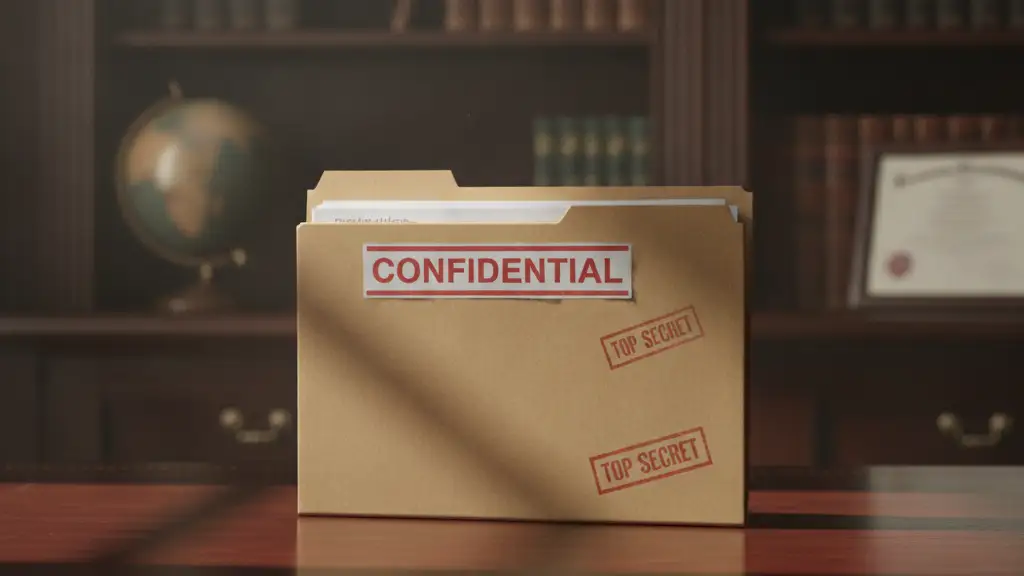 Confidential file folder on a mahogany desk, dramatically lit.