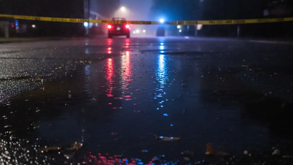 Emergency lights reflecting in a rain puddle with police tape in the blurred background.