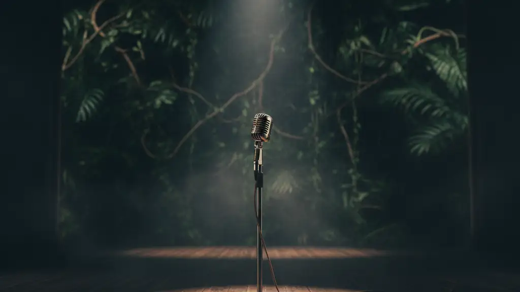 An empty microphone stand on a stage, with jungle foliage blurred in the background.