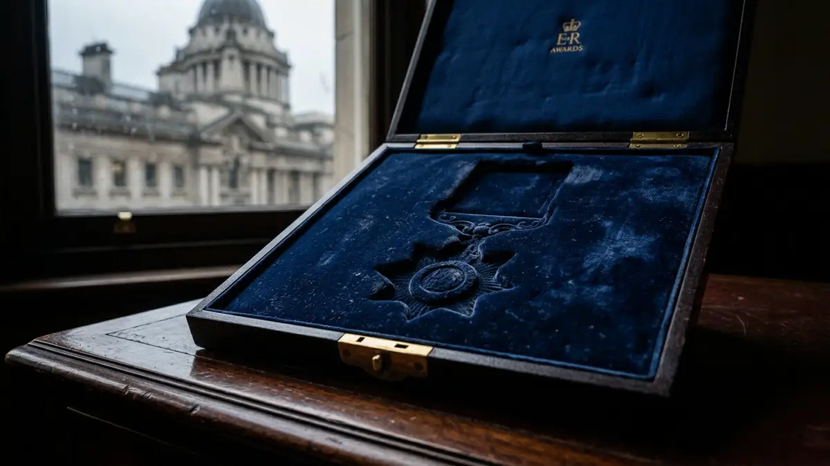 An empty, open medal presentation box resting on a wooden table in a somber room.
