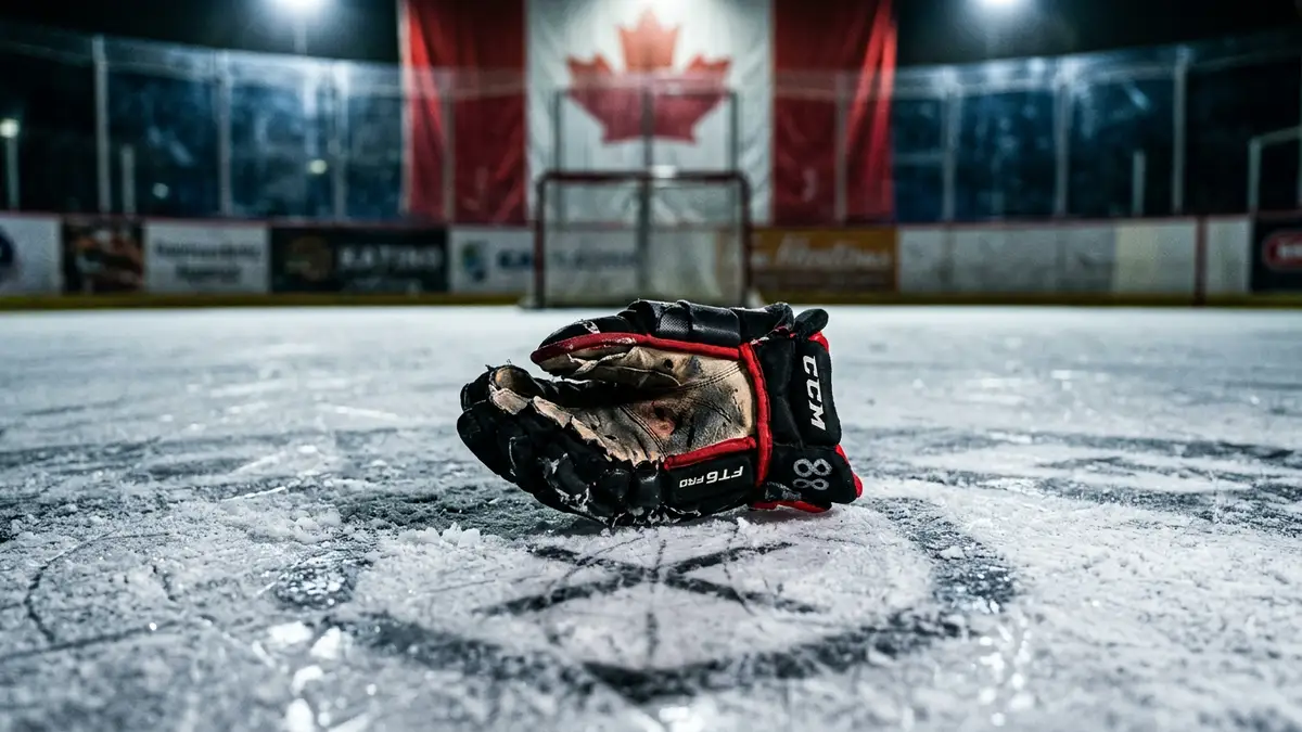 A single hockey glove lies on the ice under a spotlight in an empty arena.