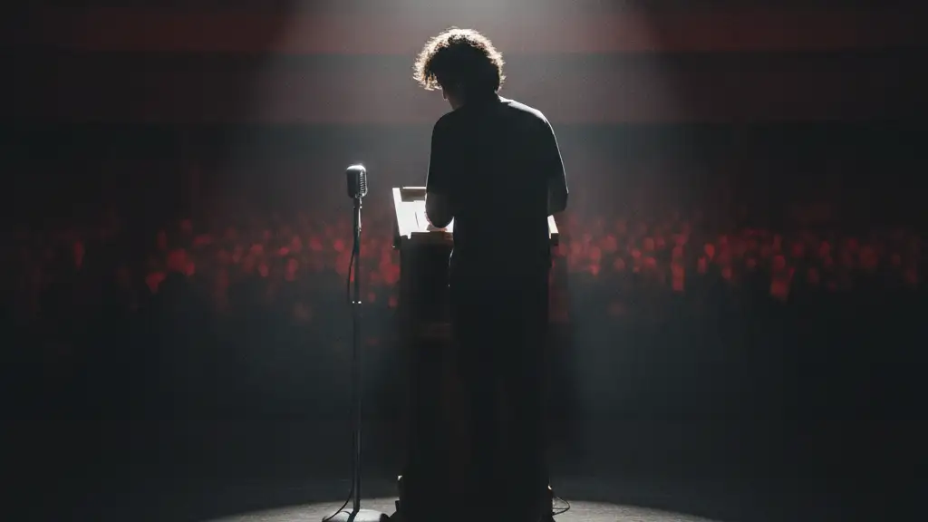 Silhouette of a figure at a podium under a spotlight, microphone in foreground.