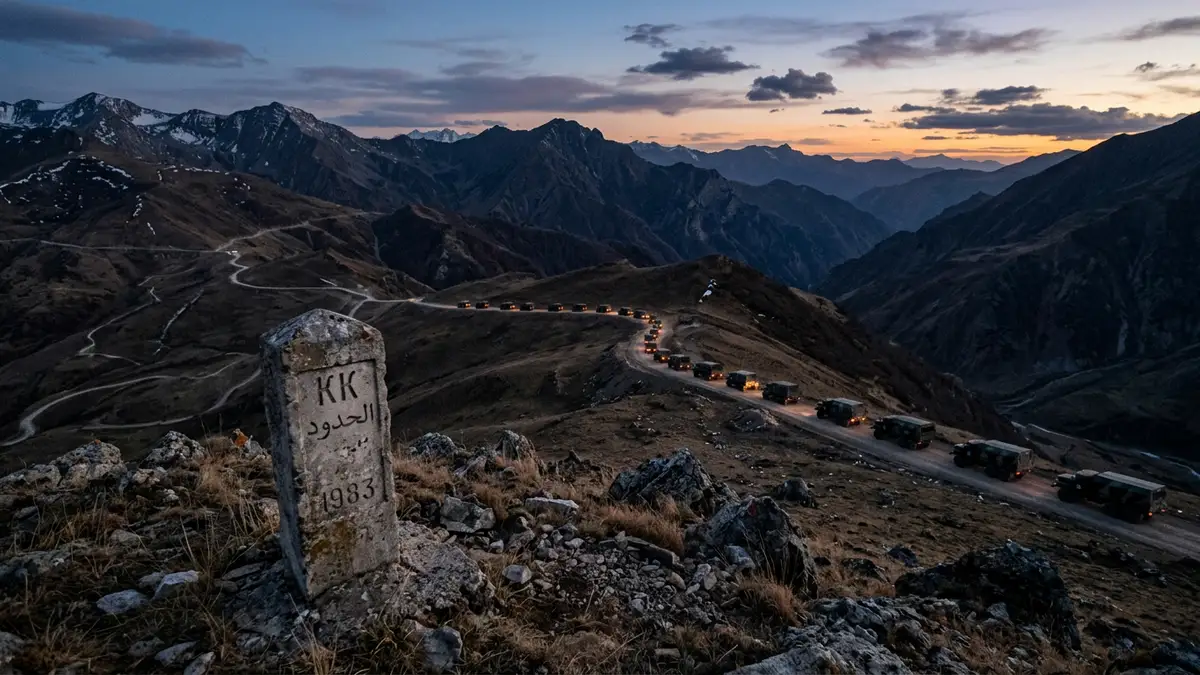 A military convoy silhouettes against a sunset mountain ridge near a stone border marker.