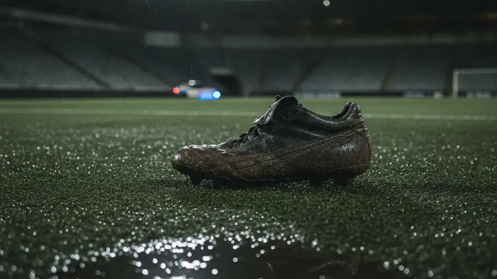 A single, muddy football boot on a wet pitch under stadium lights.