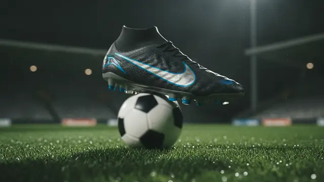 A football boot on green grass under stadium lights, a blurred football nearby.