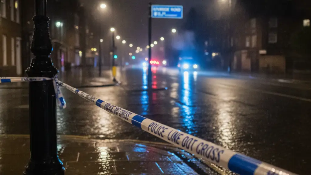 Rain-slicked street at night, police tape, distant emergency lights, Uxbridge Road sign.