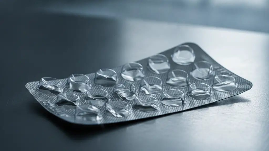 Empty blister pack for blood pressure pills on a metallic surface.