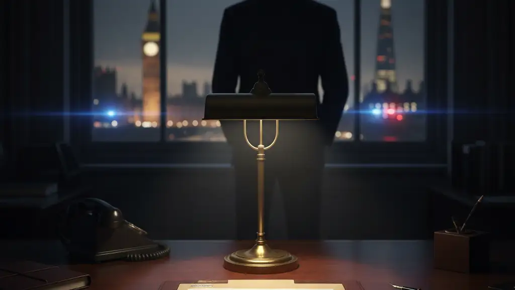 A confidential file folder on a desk with a silhouetted figure in a dark office.