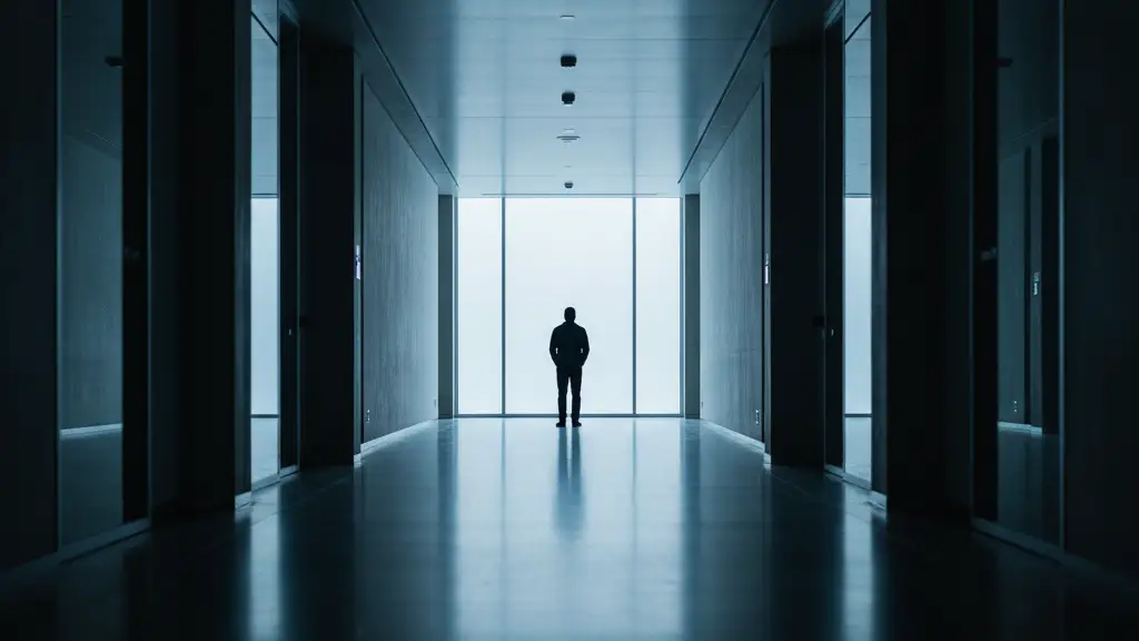 Silhouetted figure in a long, empty government corridor, symbolizing demographic shifts.