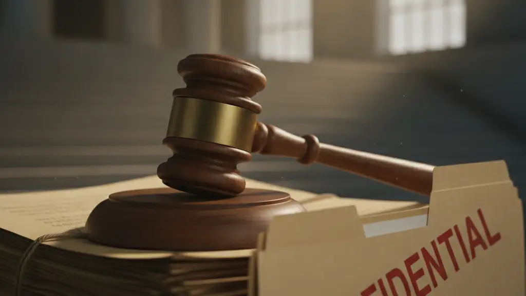 A wooden gavel on legal documents, with a 'CONFIDENTIAL' file and courthouse steps.