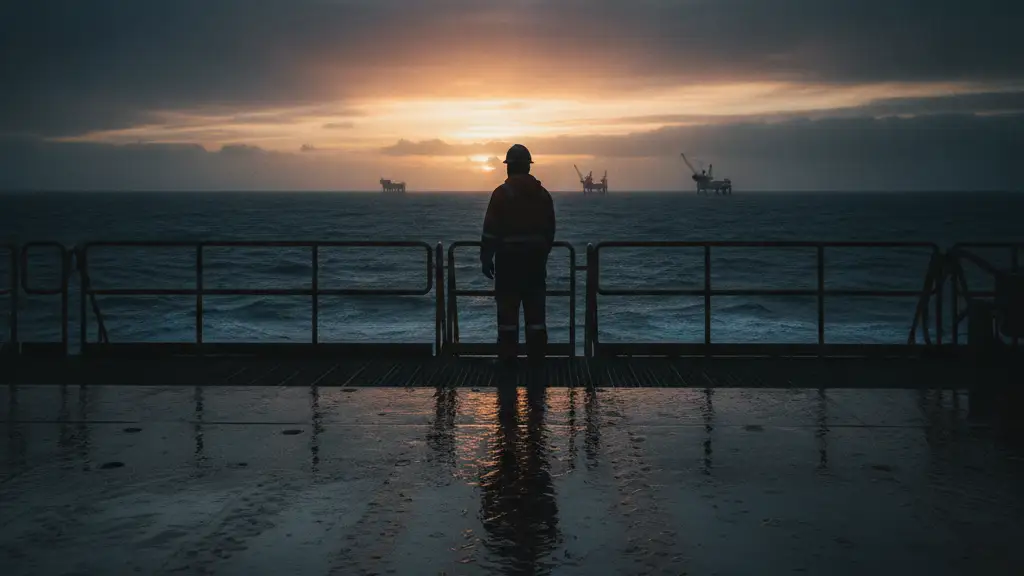Silhouetted oil rig worker on a North Sea platform at dawn, looking at the sea.