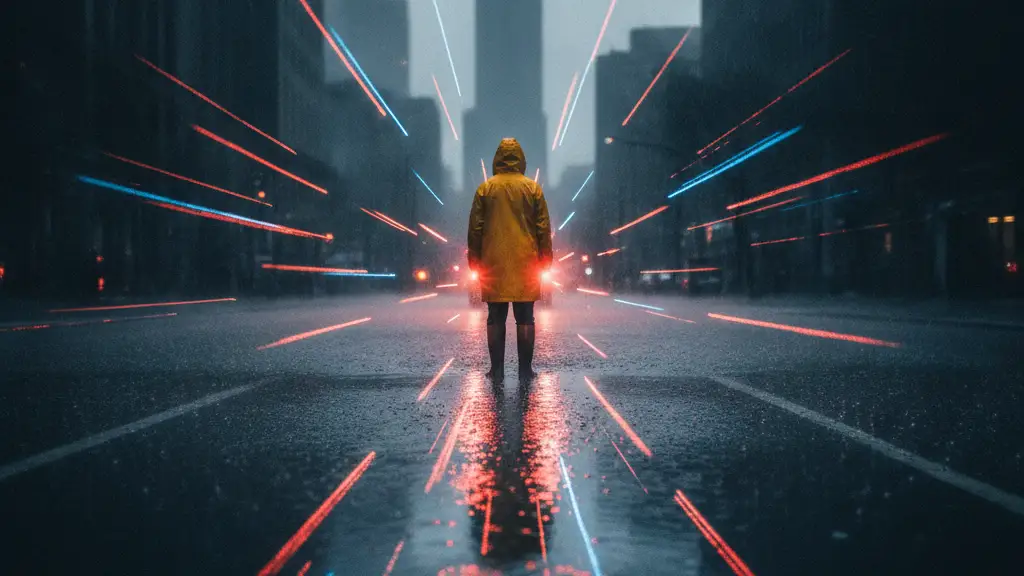 Figure in yellow slicker on flooded New York street, emergency lights reflecting.