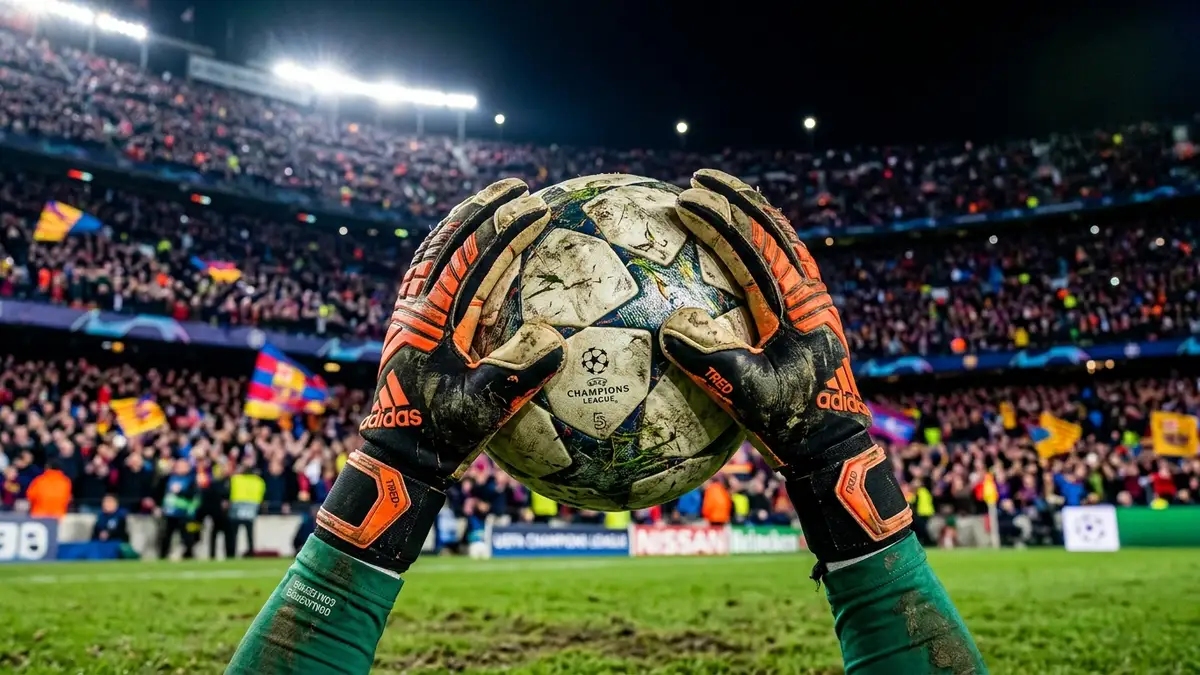 Close-up of a goalkeeper's gloved hands holding a soccer ball in a stadium.