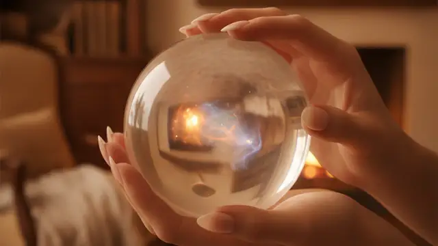 Hands holding a glowing crystal ball, soft focus, warm tones.