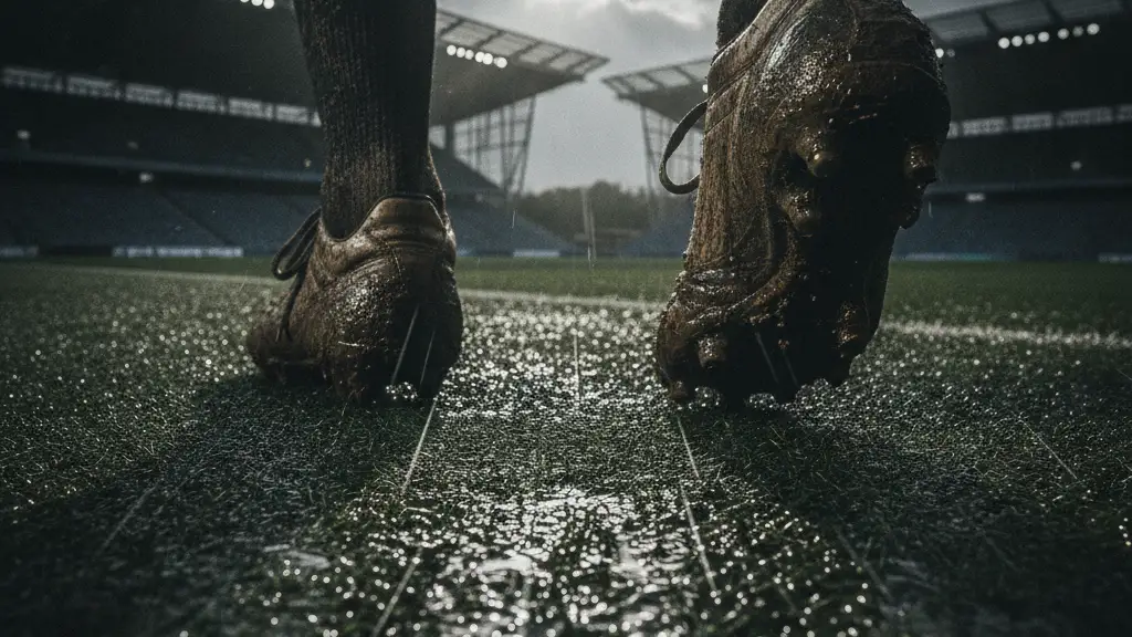 Mud-splattered football boots on a wet pitch, blurred stadium in background.