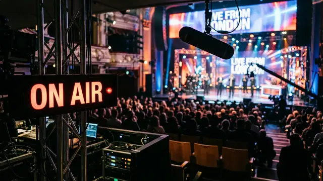 A glowing red ON AIR sign in a blurred television studio with stage lights.