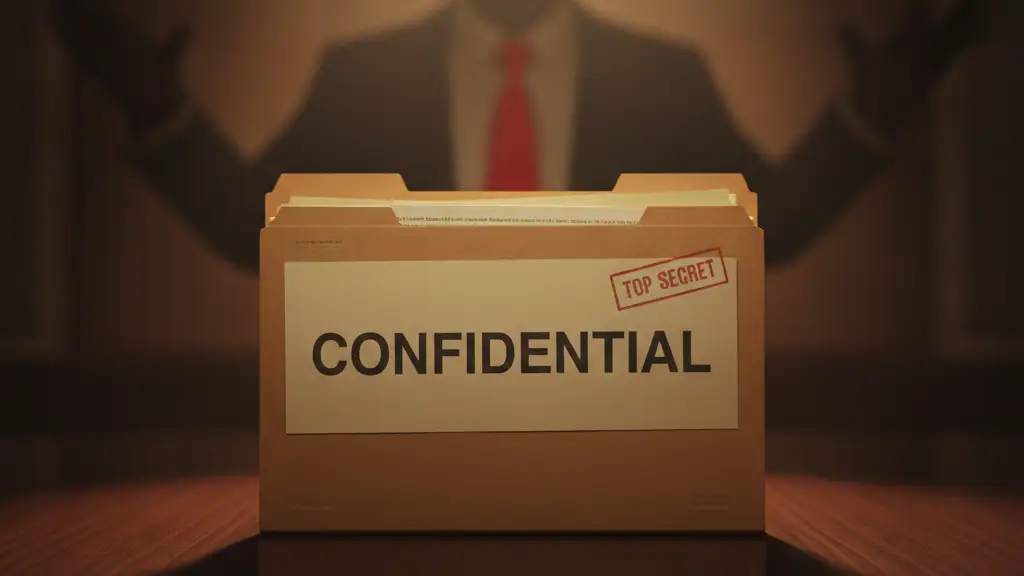 Confidential file on a desk, blurred silhouette of a man in a red tie.