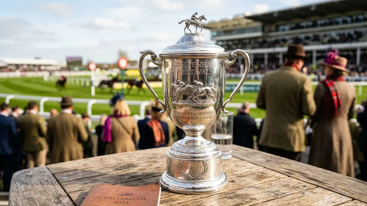 A silver racing trophy stands on a wooden ledge overlooking a blurred green racecourse.