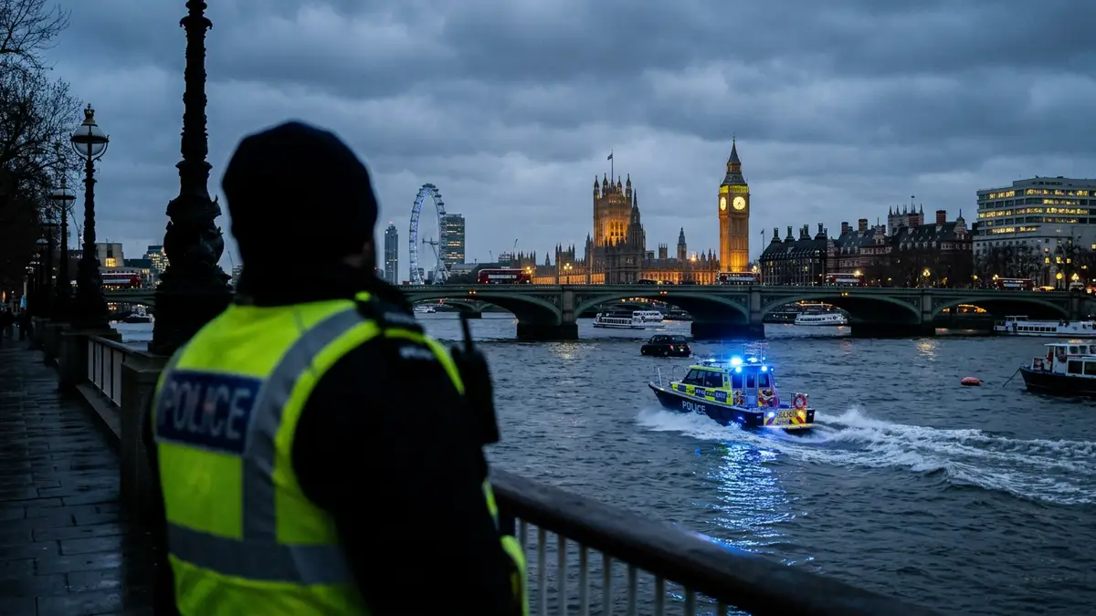 A police boat with blue lights on the River Thames against the London skyline.