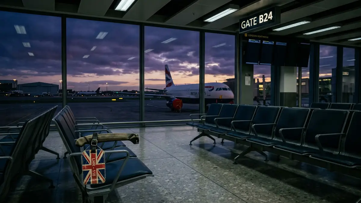 An empty airport terminal gate at dusk with a grounded airplane visible through the window.