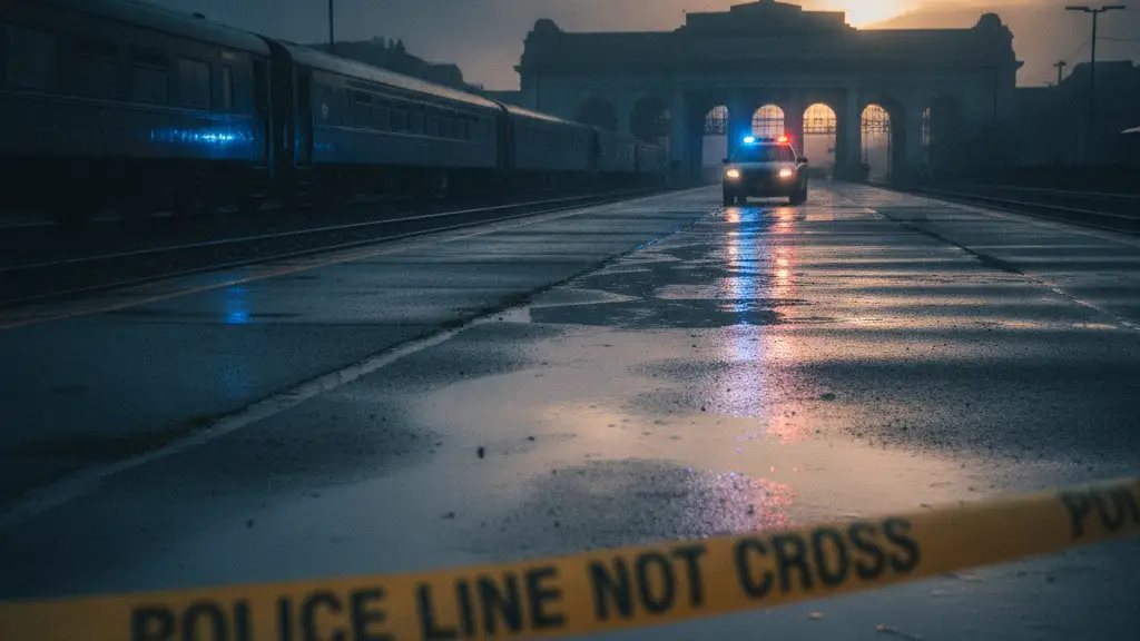 Rain-slicked railway platform with police tape and emergency light reflections at dawn.