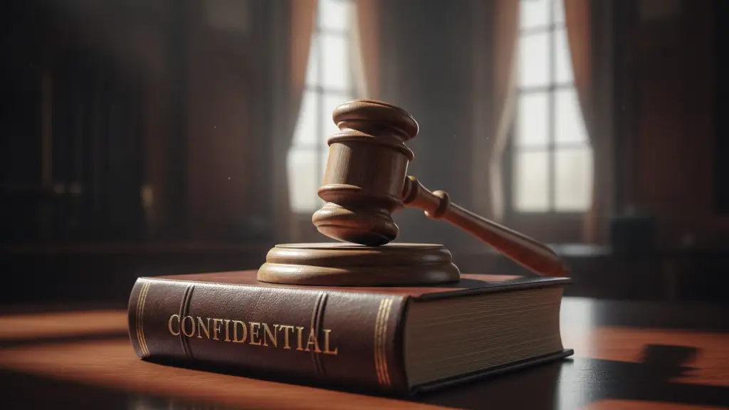 A heavy wooden gavel rests on a confidential file on a mahogany desk.
