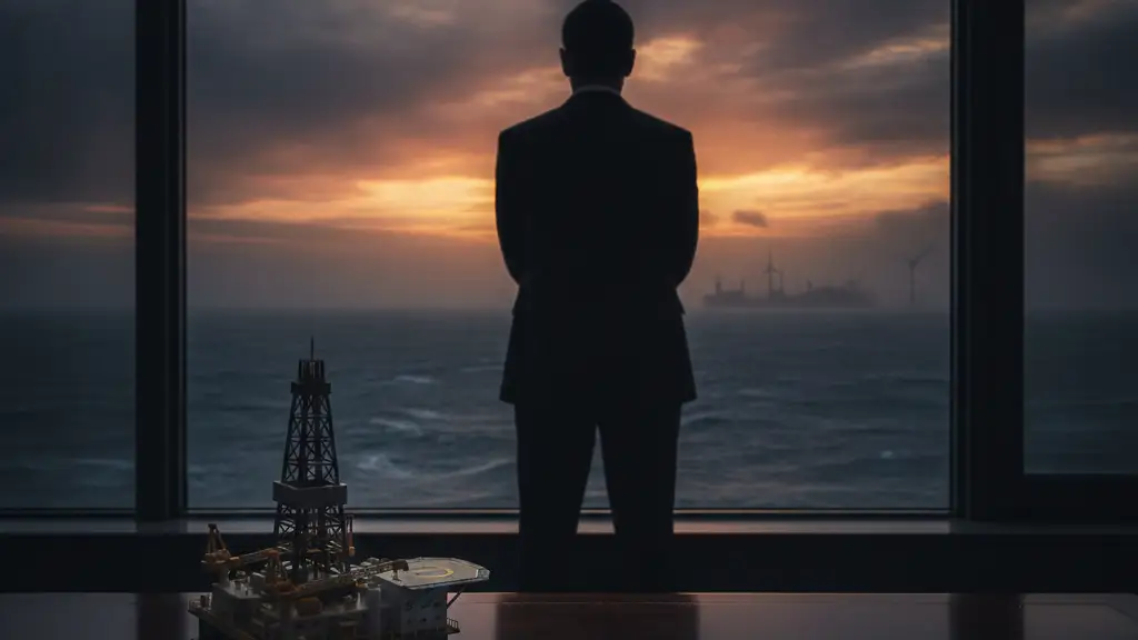 Silhouette of a person overlooking a turbulent North Sea with an oil rig model on a desk.