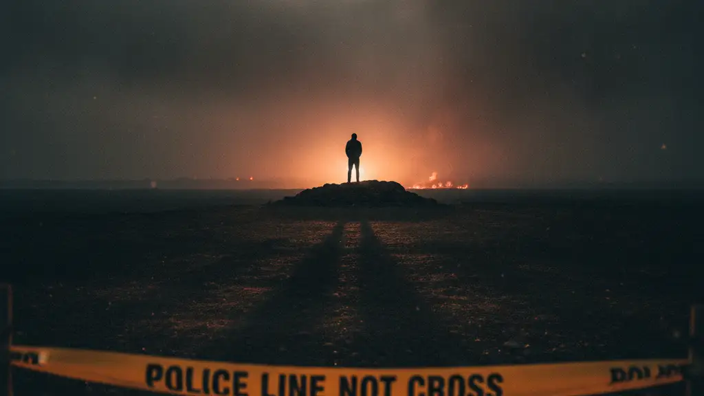 A silhouetted figure behind police tape looks towards a smoke-filled, orange-hued horizon.