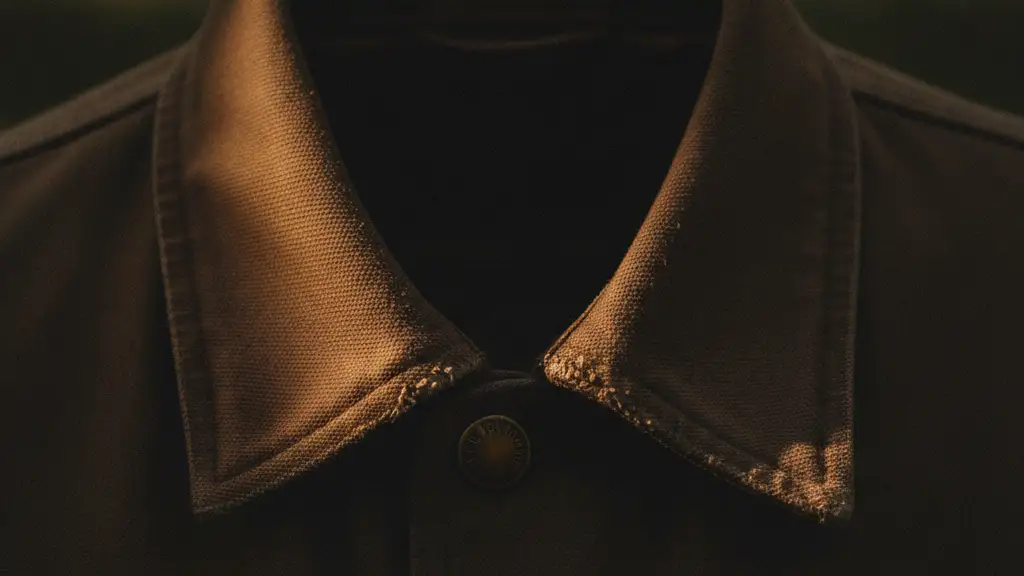 Close-up of a rugged barn jacket collar with a brass button.