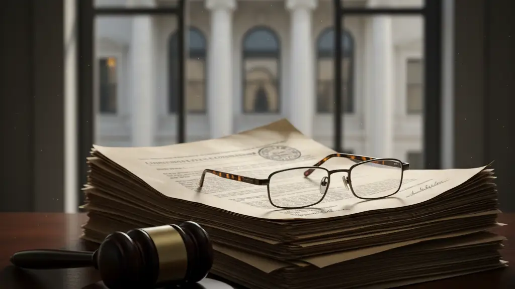 A stack of legal documents and a wooden gavel on a desk in a courthouse.