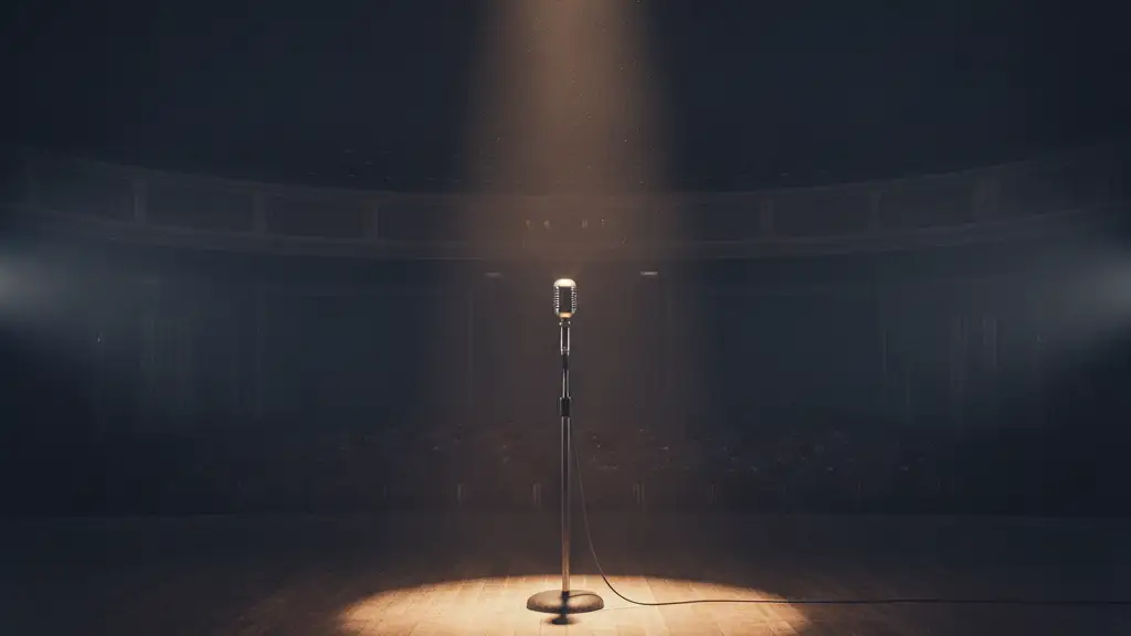 A lone microphone stand under a single spotlight on an empty stage.