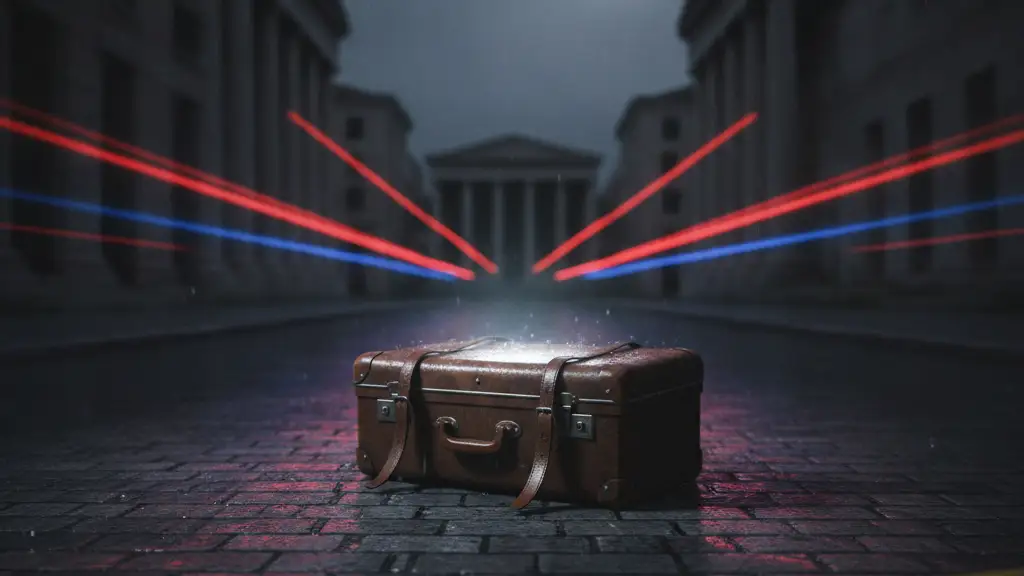 A worn leather suitcase on a wet Athens street, reflecting emergency lights.