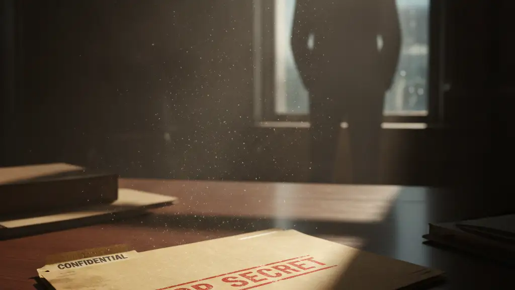 Confidential file on a desk, blurred figure in background.