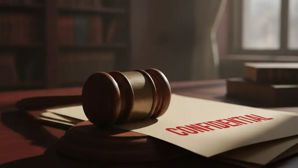A heavy wooden gavel rests on a dark desk next to a 'CONFIDENTIAL' file.