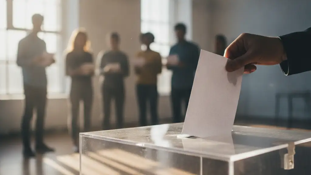 A ballot box with a hand casting a single ballot, silhouettes of people in background.