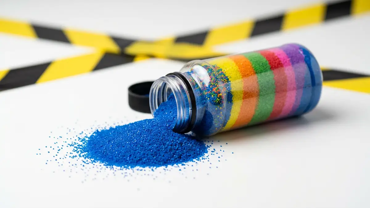 A spilled bottle of blue craft sand next to blurred yellow hazard tape.