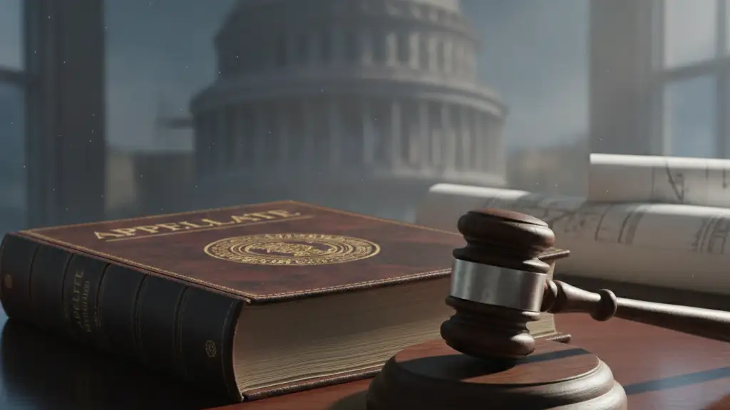 A heavy gavel or legal brief on a desk, with blurred construction plans.
