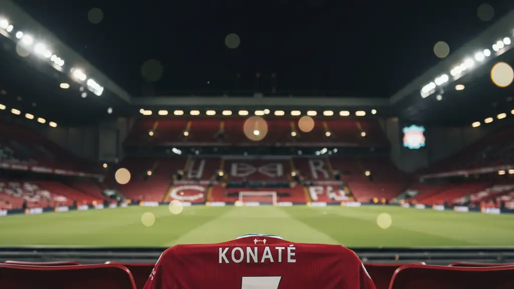 A red football jersey with 'Konate' on the back draped over an empty stadium seat.