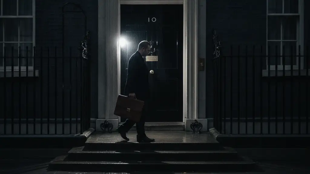 Silhouette of a figure ascending the steps to the black door of 10 Downing Street.