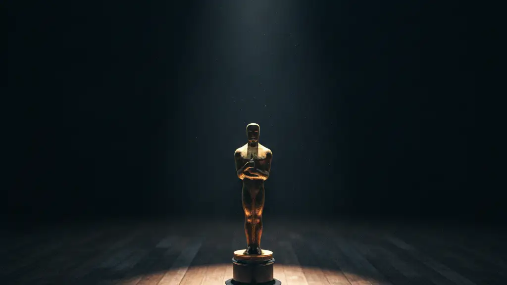 A lone Oscar statuette on a dimly lit, empty wooden stage.